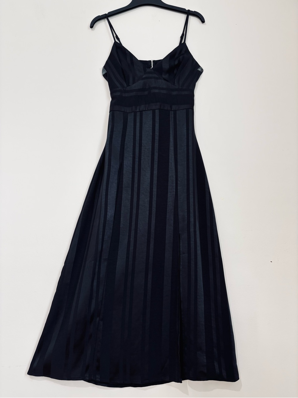 J.O.A Just One Answer Black Satin Stripe Sleeveless Feminine Slip Midi Dress XS